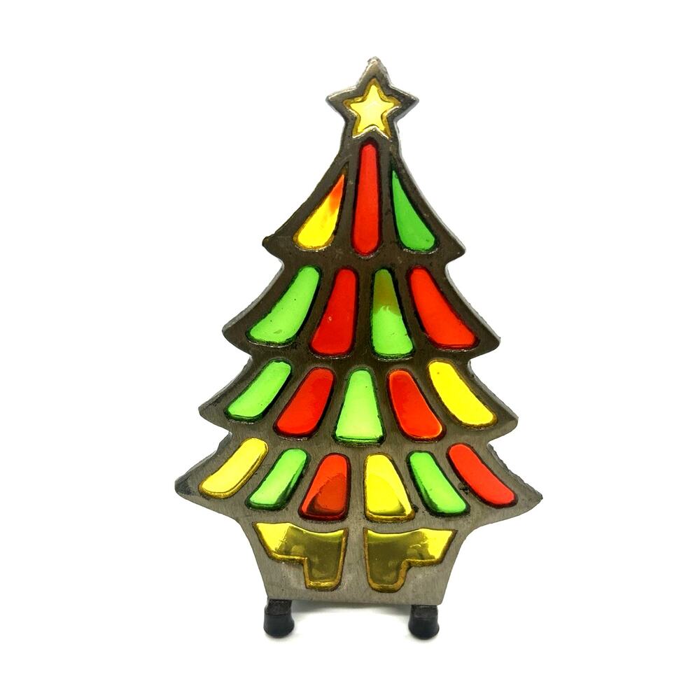 Vintage Stained Glass Christmas Tree Cast Iron Tea Light Votive Candle Holder
